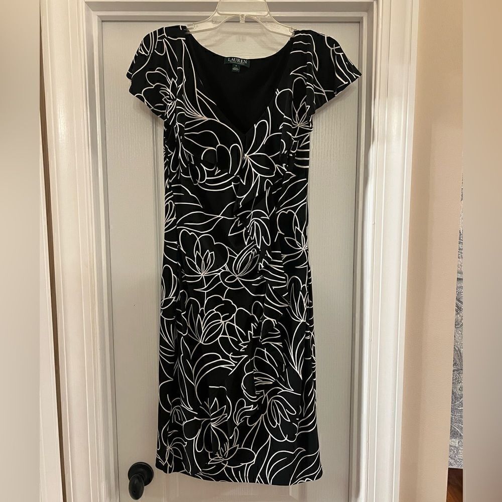 Lauren Ralph Lauren Dress Black White Ruffle Floral Jersey Maxi Cocktail size 6